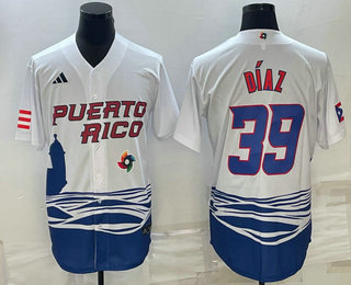 Mens Puerto Rico Baseball #39 Edwin Diaz 2023 White World Baseball Classic Stitched Jerseys